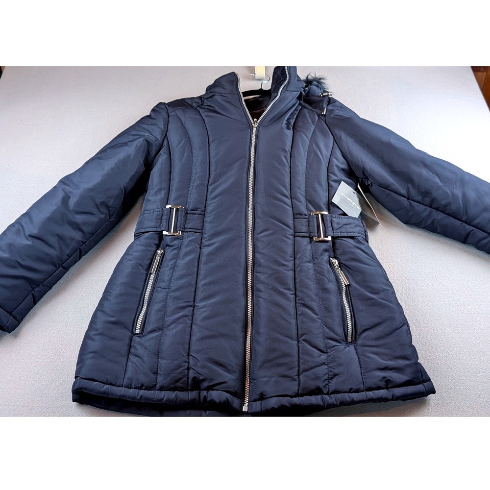 Liz Claiborne Stormy Night Puffer Jacket Navy Blue Faux Fur Hood Size M NEW